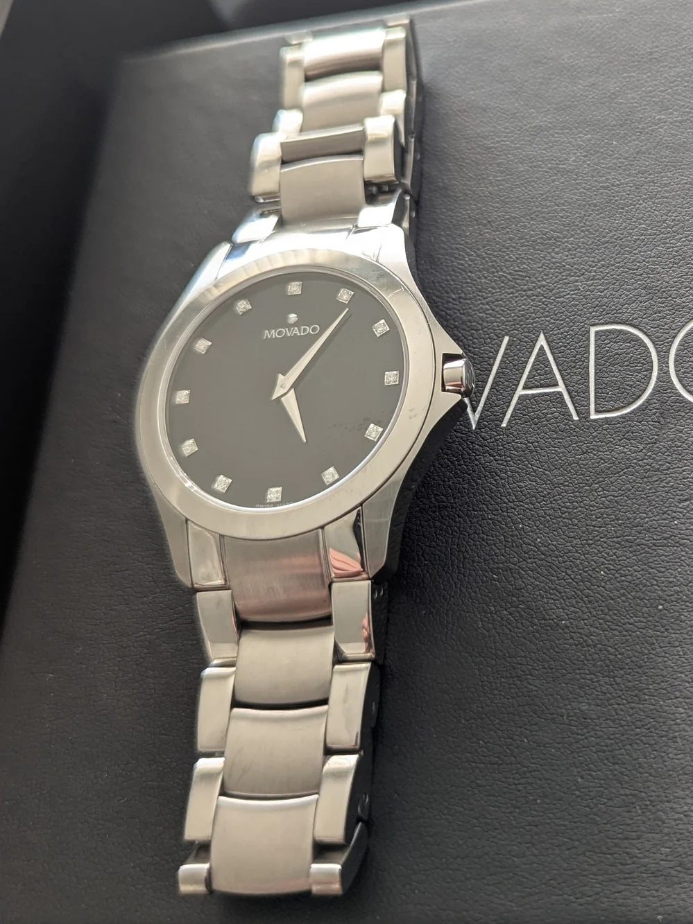 Movado Men's Stainless Steel Black Dial Bracelet Watch DIAMOND $1995